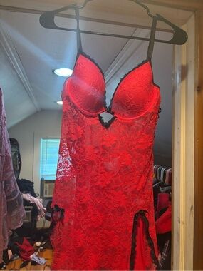 Native Intimates Red Lace Chemise with Black Trim